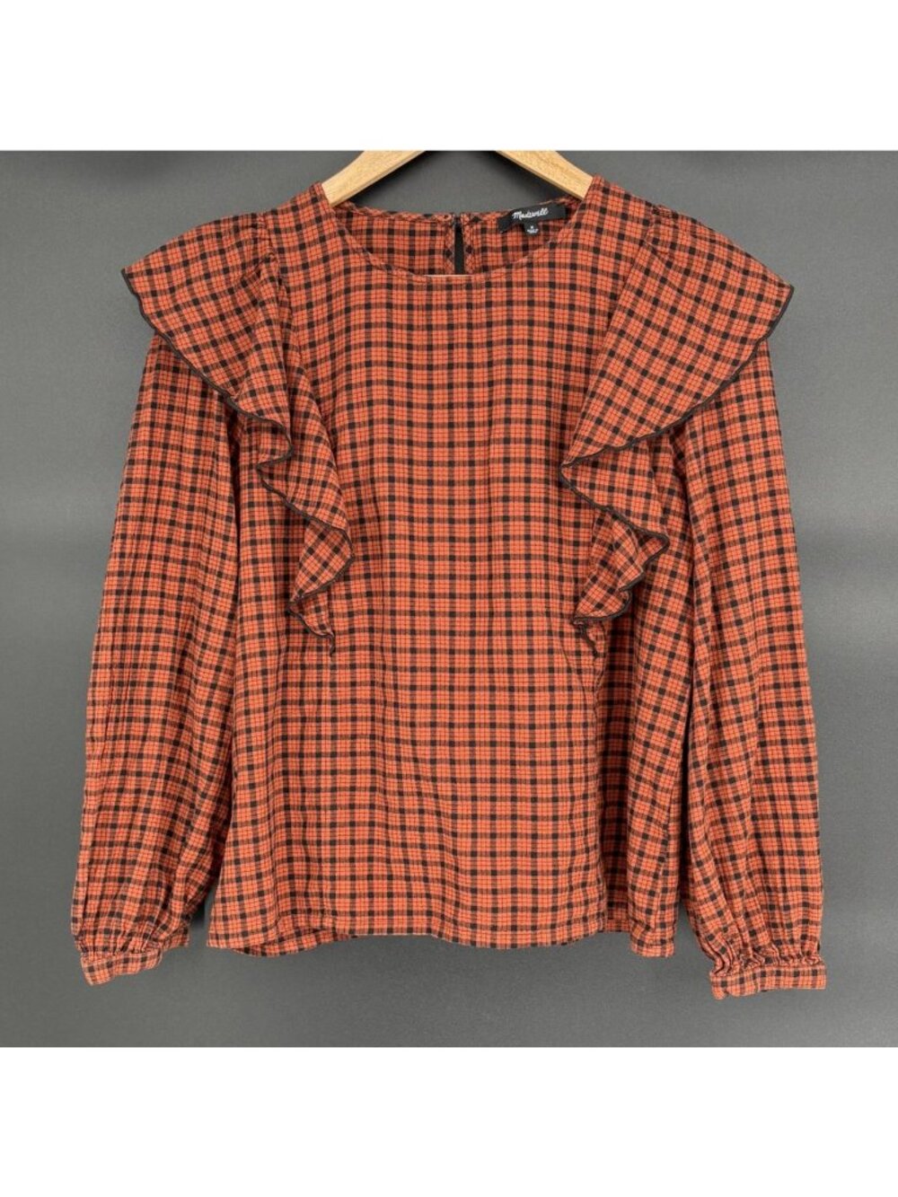Madewell Women's Ruffle Front Top in Plaid M Orange Black Cabincore Cottagecore